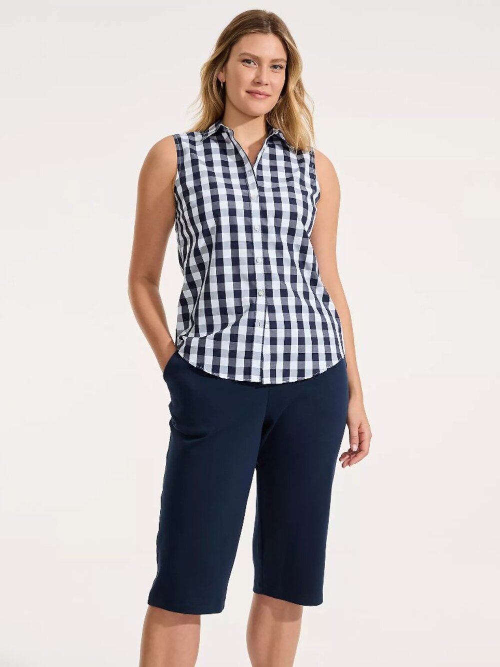 2/$30 Lands' End Sport Knit High Rise Elastic Waist Capri Radiant Navy #A4275